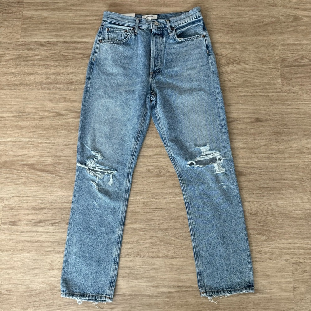NWT agolde riley medium blue blitz high rise straight crop ripped denim jeans